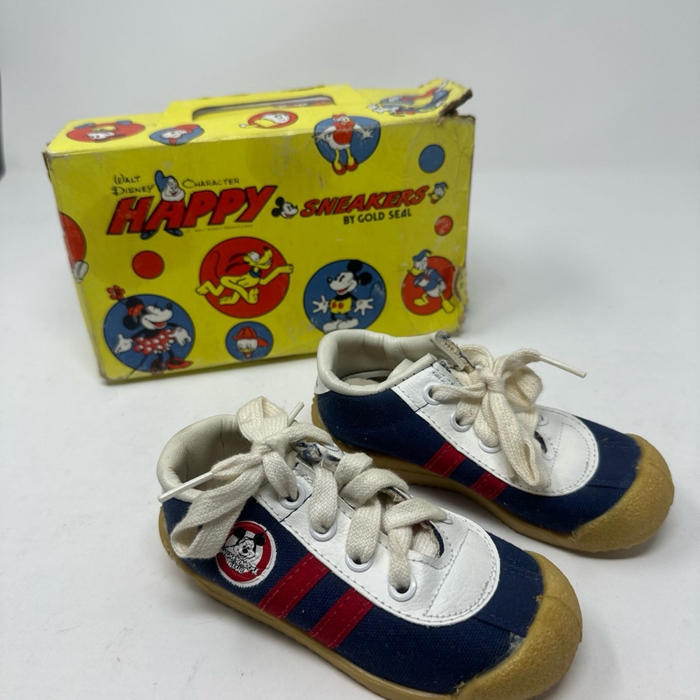 Vintage 1970s Walt Disney Happy Sneakers Navy Gold Seal Mickey Mouse Club RARE
